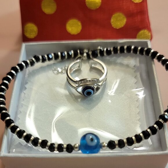 π§Ώ Evil Eye Jewelry Set β Sterling Silver Ring + Anklet, NWT π - Picture 4 of 5